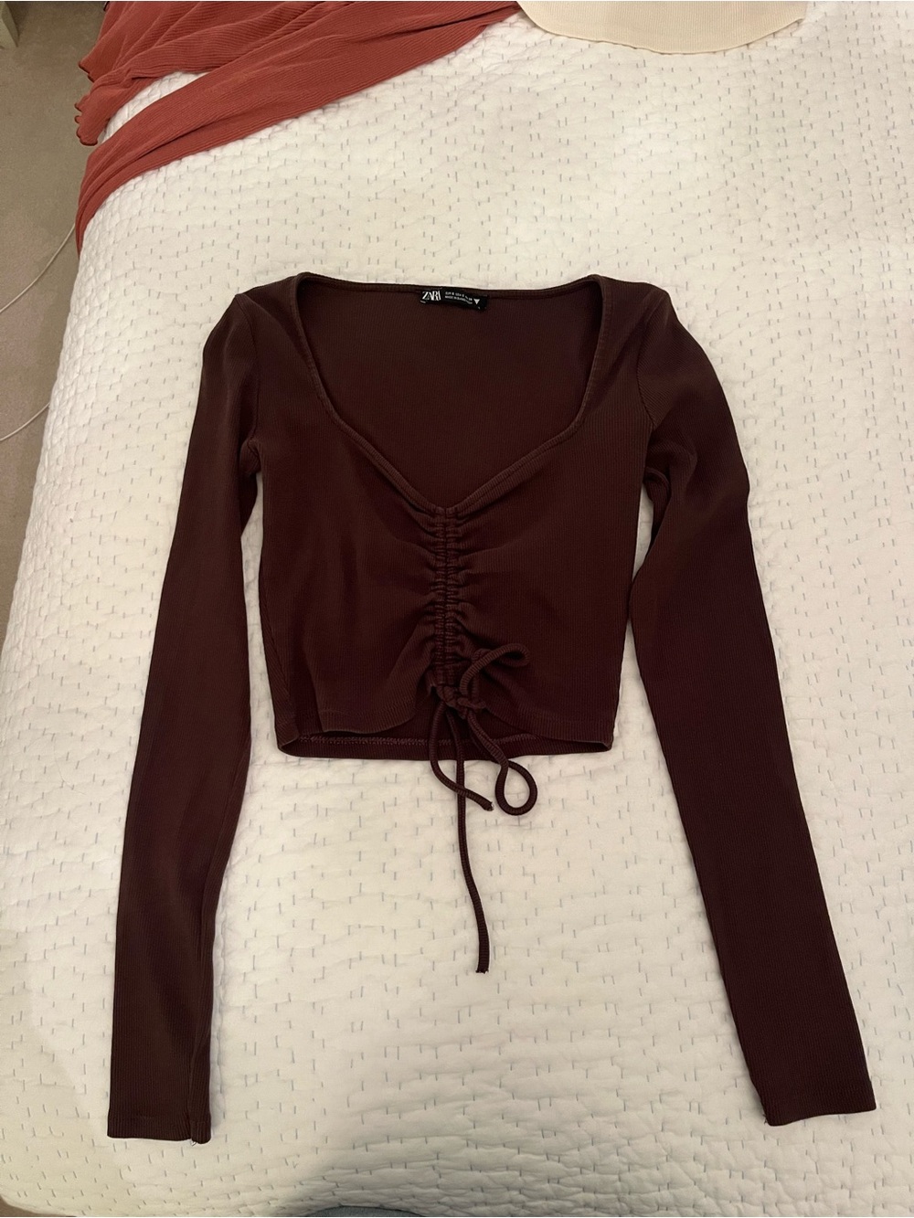Zara Ruched Front Long Sleeve Crop Top in Dark Brown